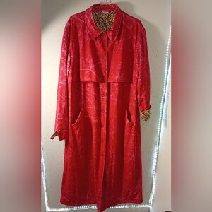 Women's Newport News Marble Red Long Rain Coat with Leopard Print Accents 3X